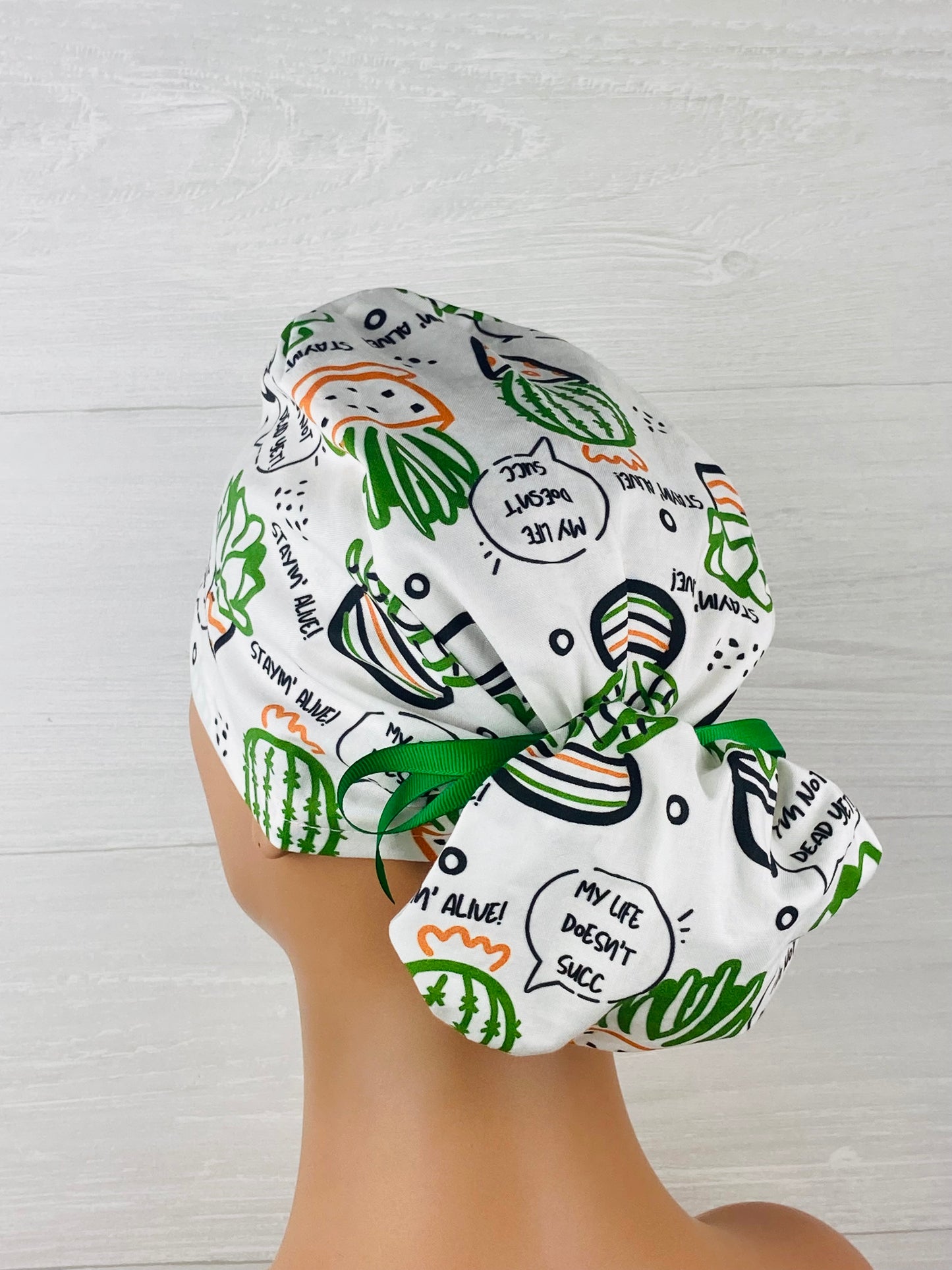 Stayin' Alive Plant Ponytail Scrub Cap