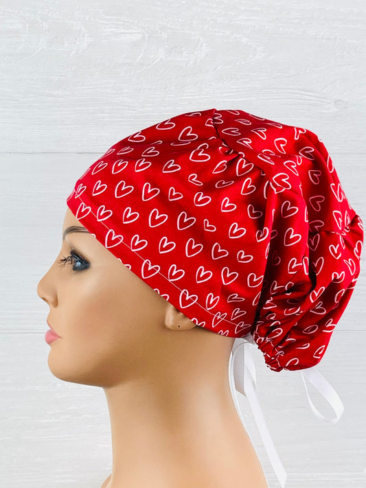 White Hearts on Red Women's Tieback Hat