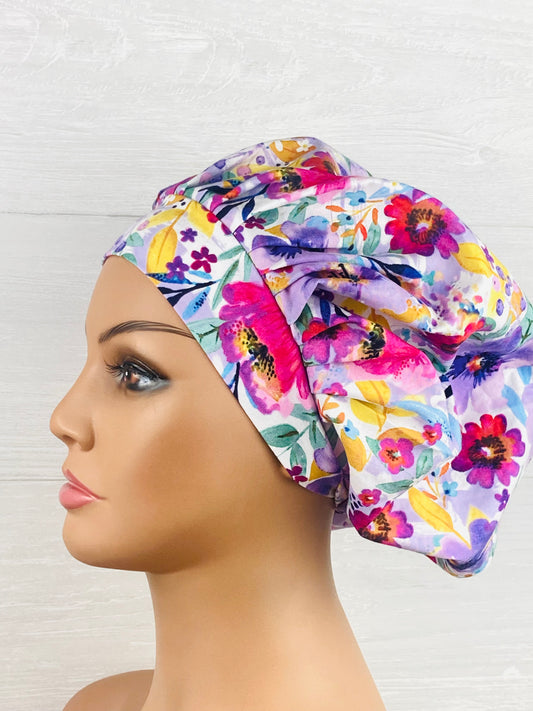 Pink and Purple Floral Bouffant Scrub Cap