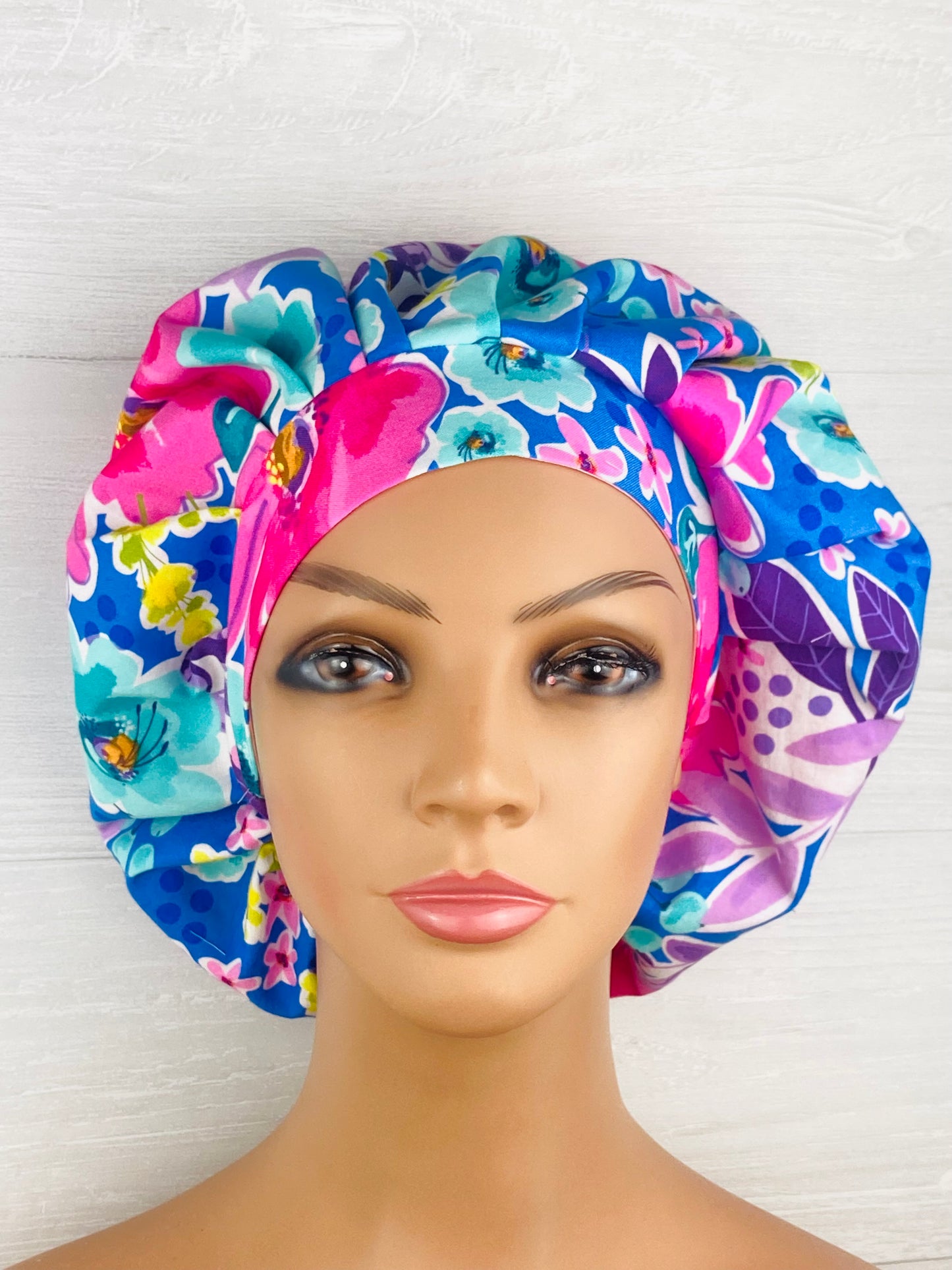 Pink and Blue Floral Bouffant Scrub Cap