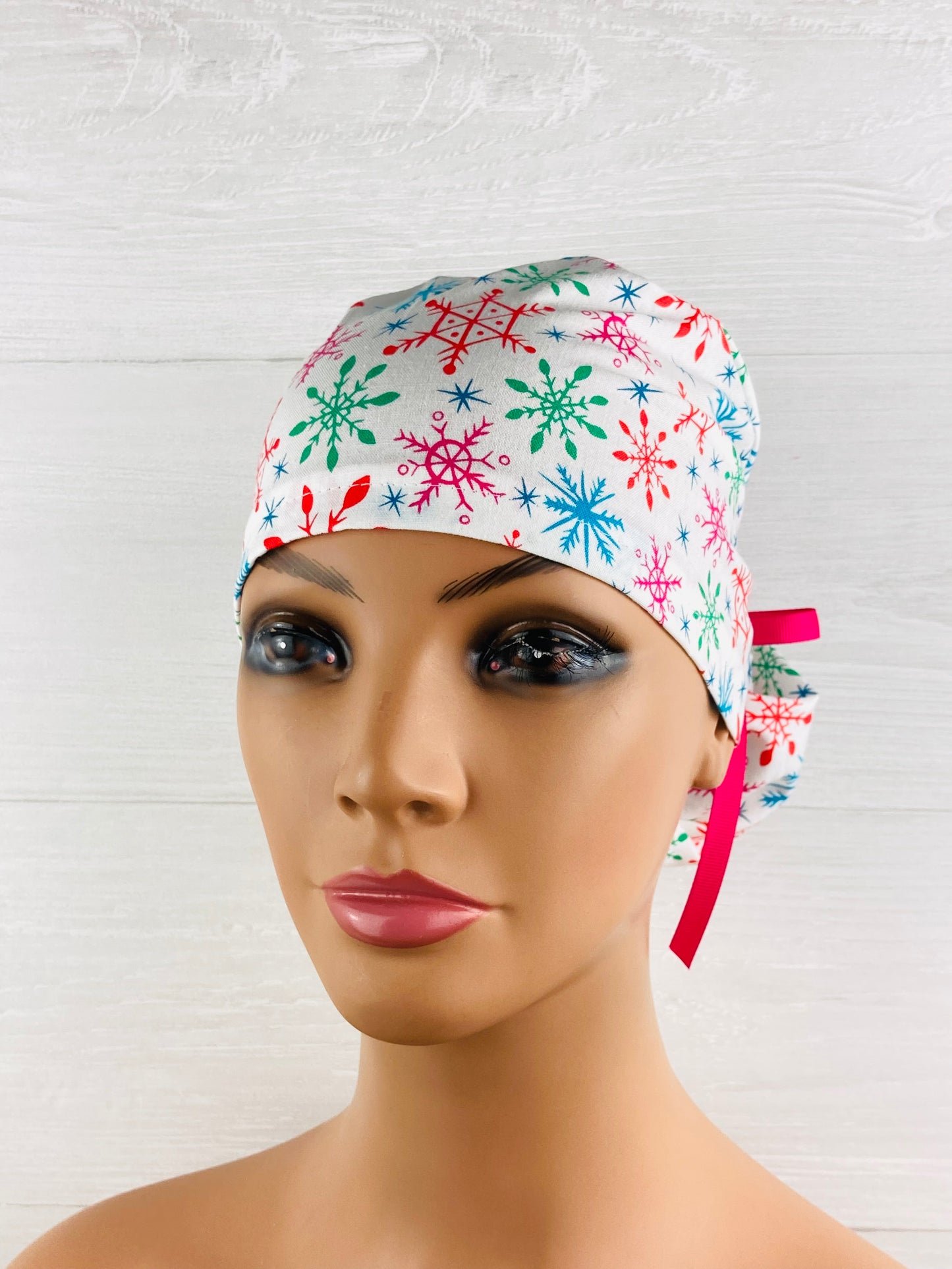 Snowflakes on White Ponytail Scrub Hat
