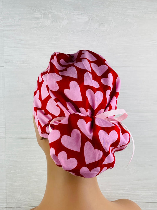 Pink Hearts on Red Ponytail Hat