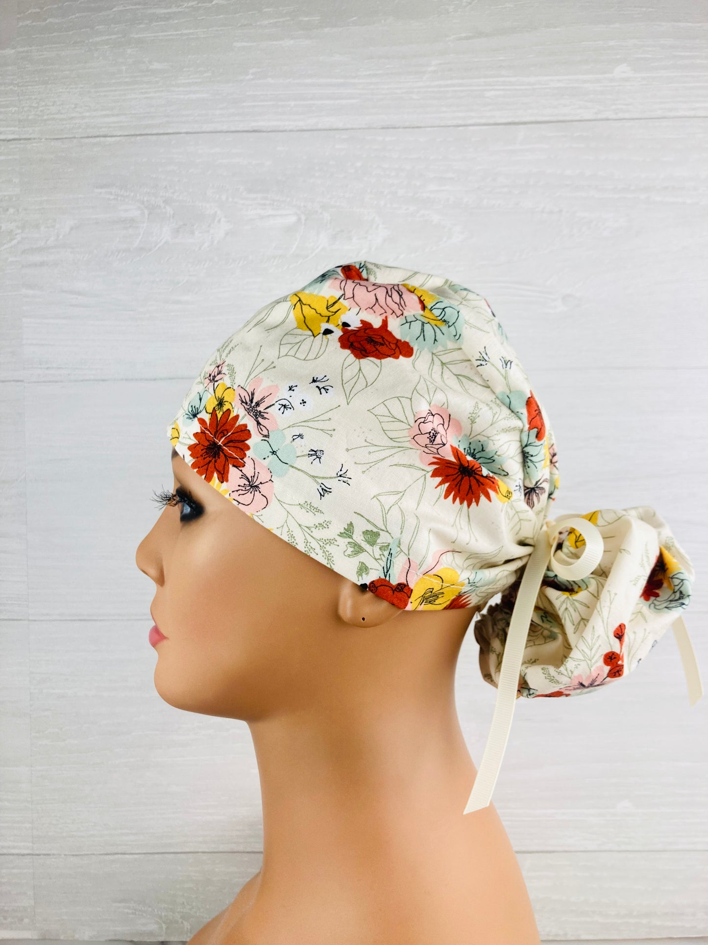 Cream Floral Ponytail Hat
