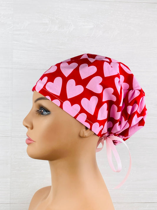 Pink Hearts on Red Women's Tieback Hat