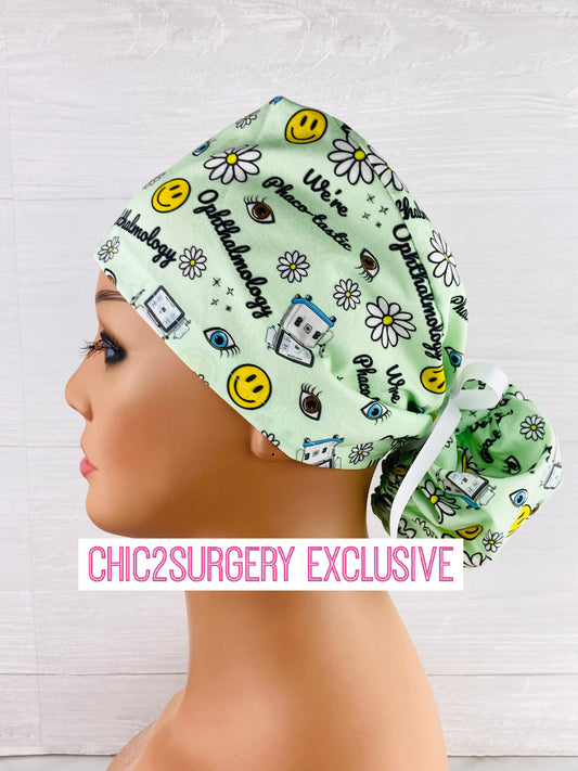 We're Phaco-tastic Ponytail Hat - Ophthalmology Scrub Hat scrub cap handmade in USA for ophthalmology surgeons nurses and surgical techs