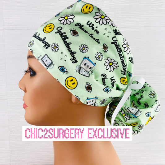 We're Phaco-tastic Ponytail Hat - Ophthalmology Scrub Hat ophthalmology scrub cap handmade in USA for eye surgery professionals