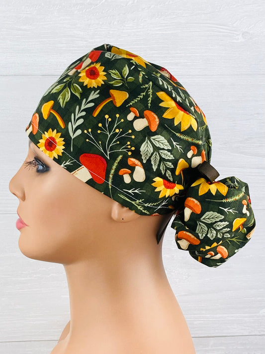 Mushrooms and Sunflowers Ponytail Scrub Hat