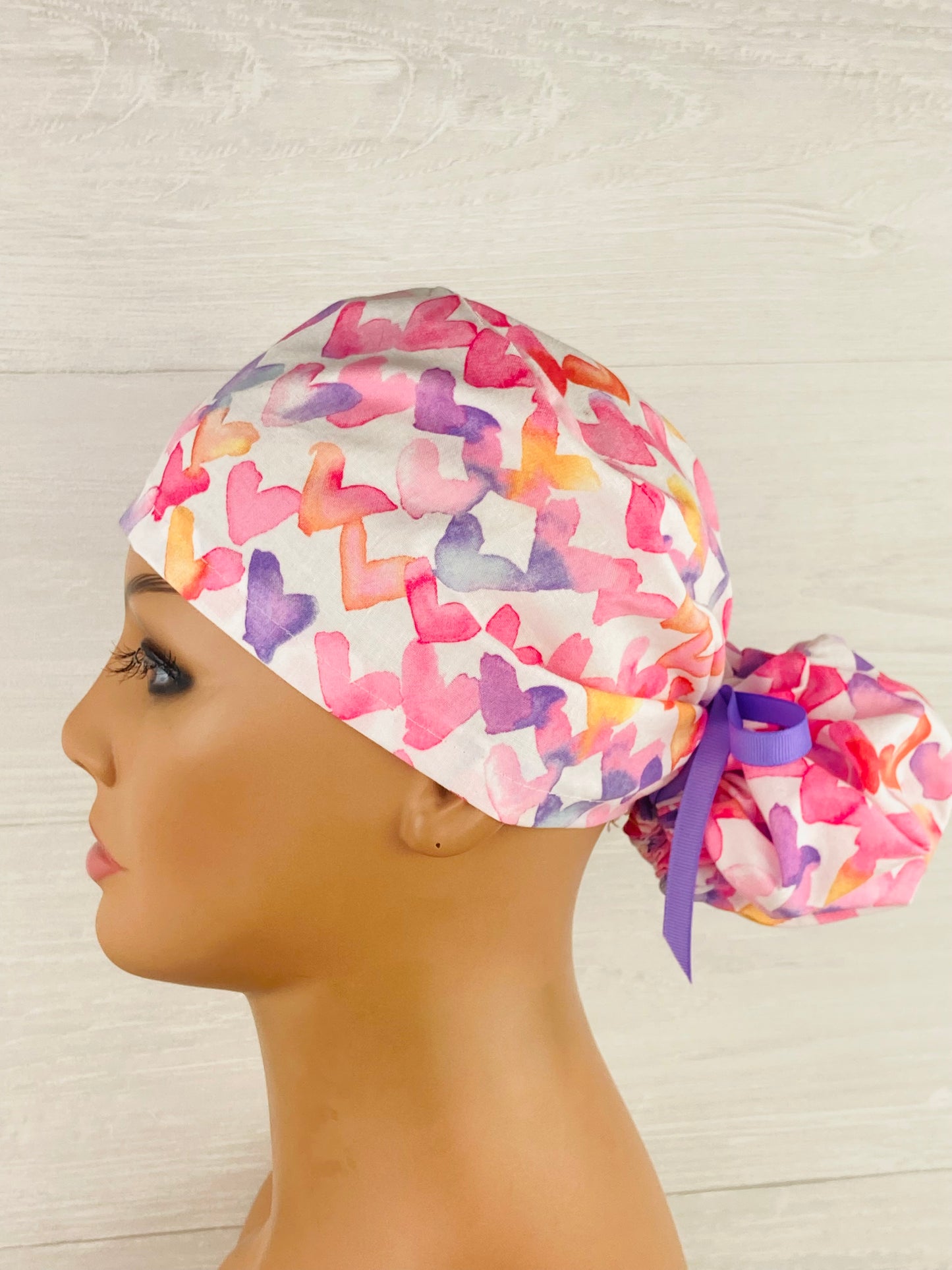 Valentines Watercolor Hearts Ponytail Hat