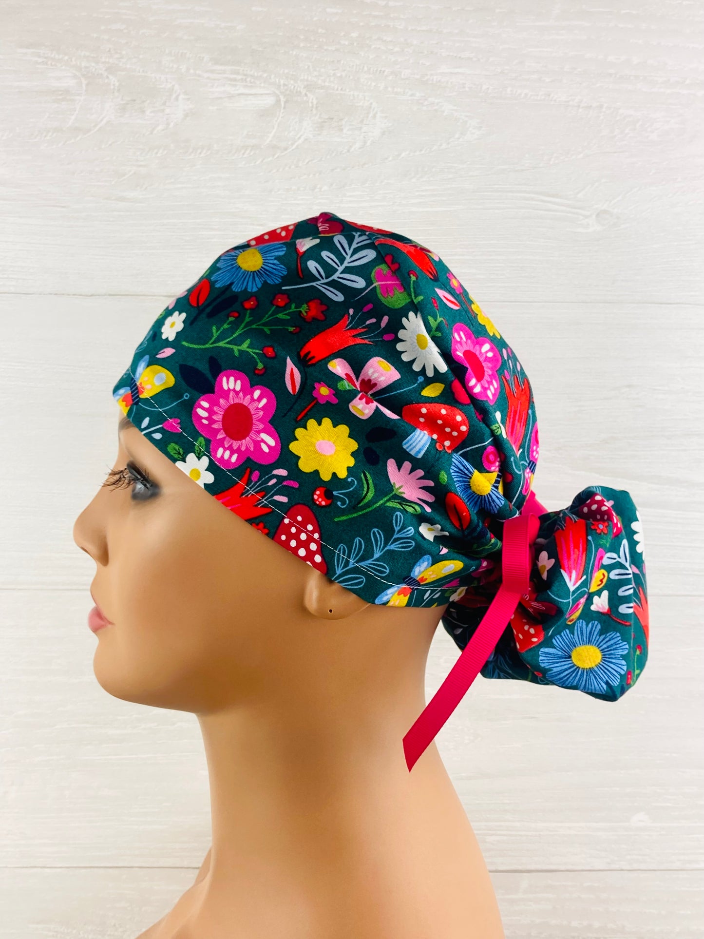 Mushroom Floral Ponytail Scrub Hat