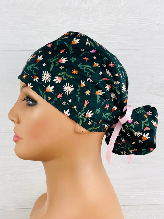 Hunter Floral Ponytail Hat handmade cotton scrub cap