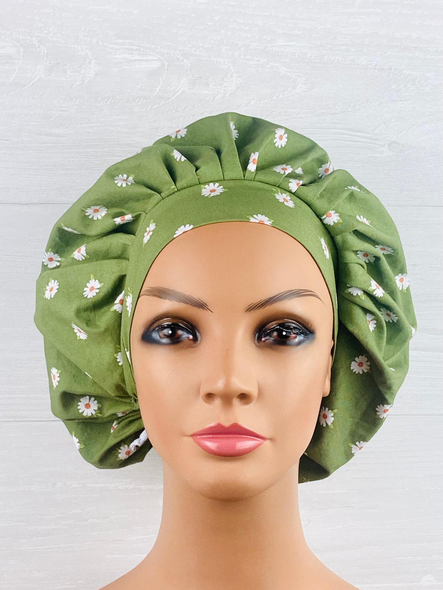 Daisies on Olive Bouffant Scrub Cap