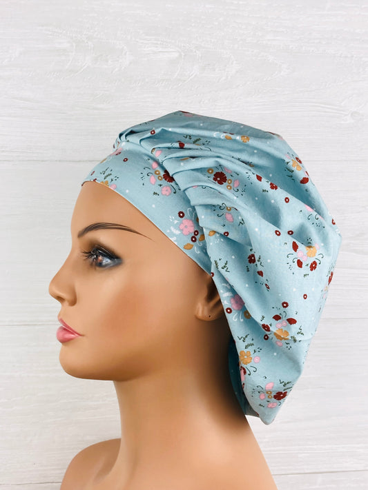 Dusty Blue Floral Bouffant Scrub Cap