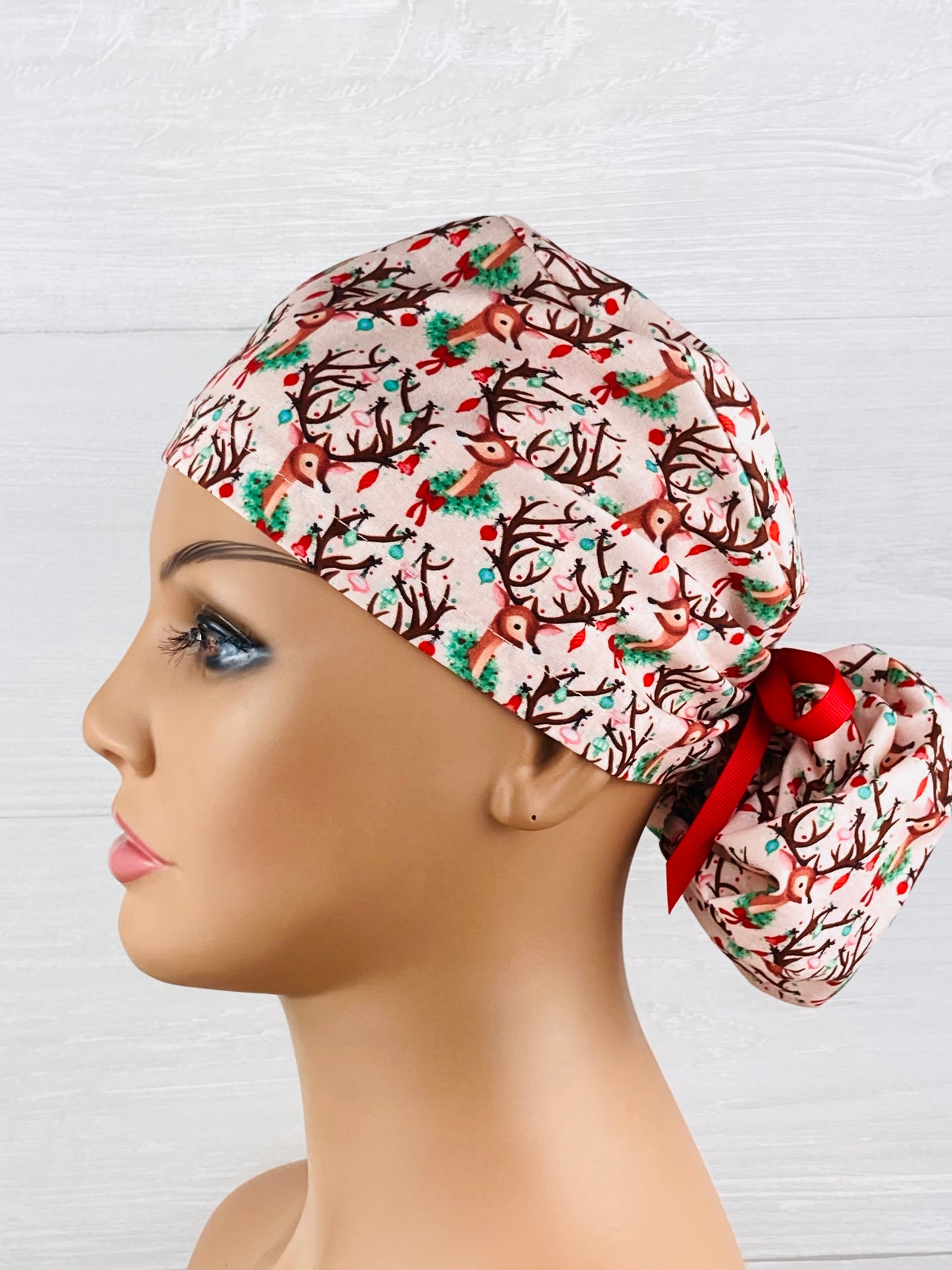 Reindeer on Pink Ponytail Hat