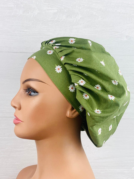Daisies on Olive Bouffant Scrub Cap