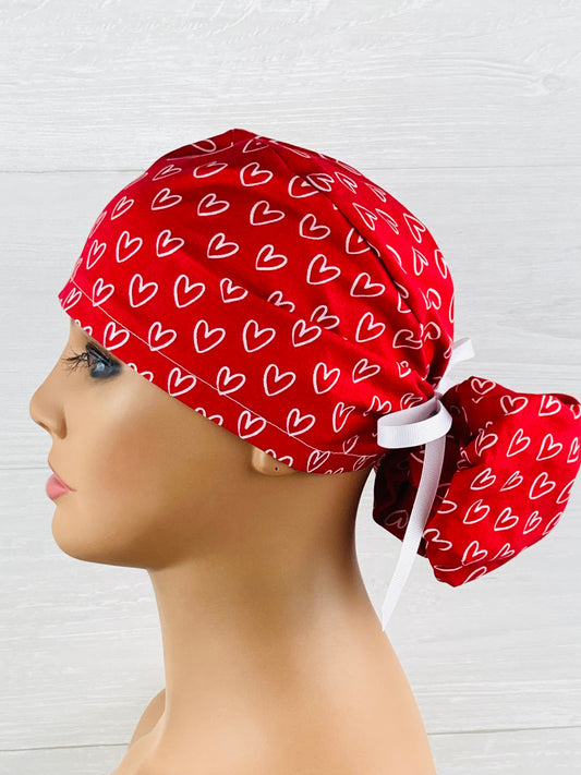 White Hearts on Red Ponytail Hat
