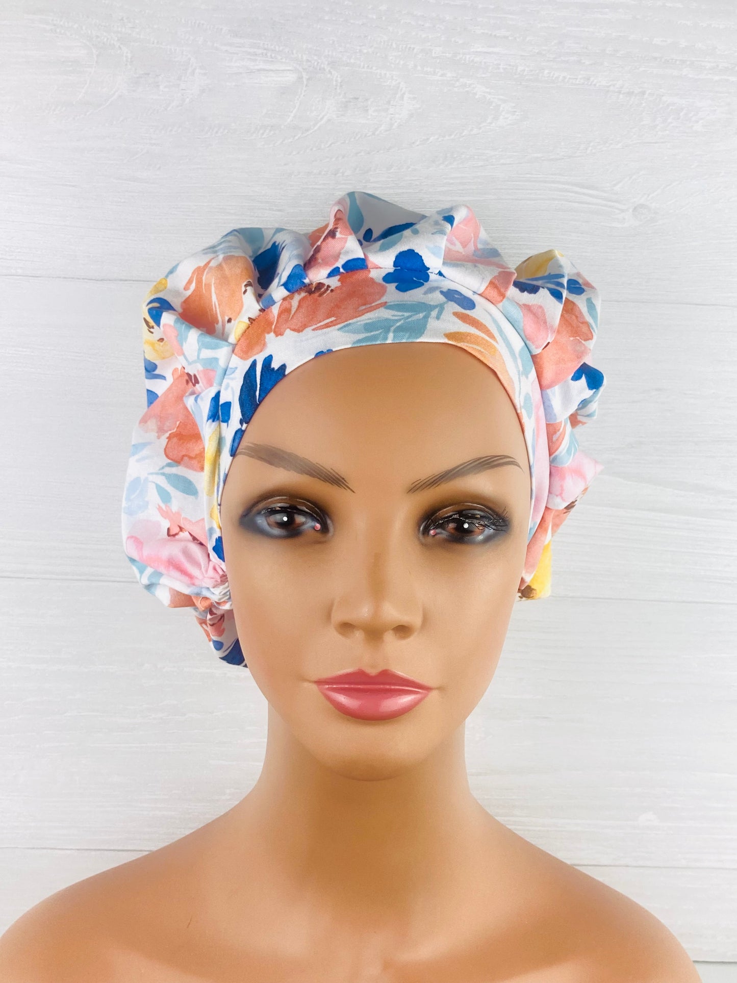 Coral and Navy Floral Bouffant Scrub Cap