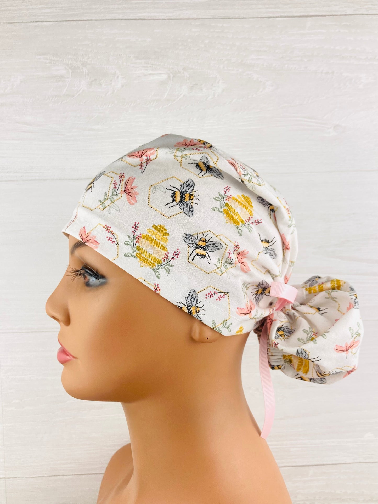 Bees on Cream Ponytail Hat