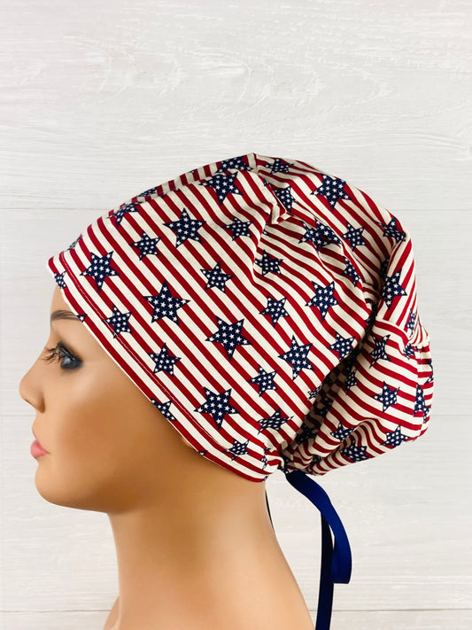 Patriotic Stars and Stripes Women's Tieback Hat handmade cotton scrub cap
