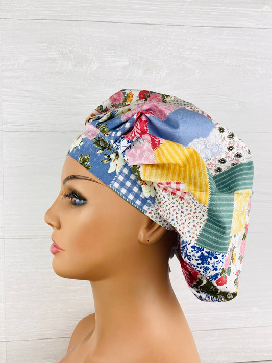 Boho Patch Floral Bouffant Scrub Cap