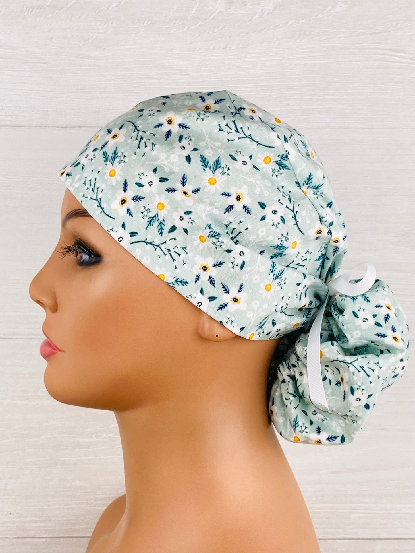Mint Daisy Floral Ponytail Hat