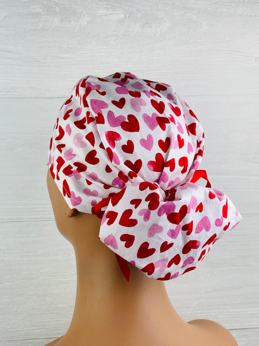 Red and Pink Hearts Ponytail Hat