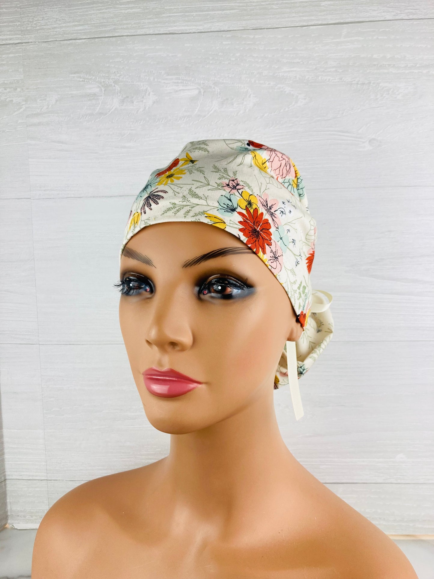 Cream Floral Ponytail Hat