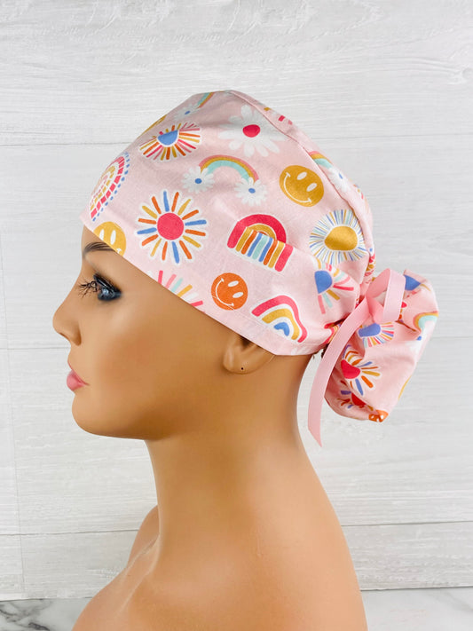 Retro Smiley Face Floral Ponytail Hat