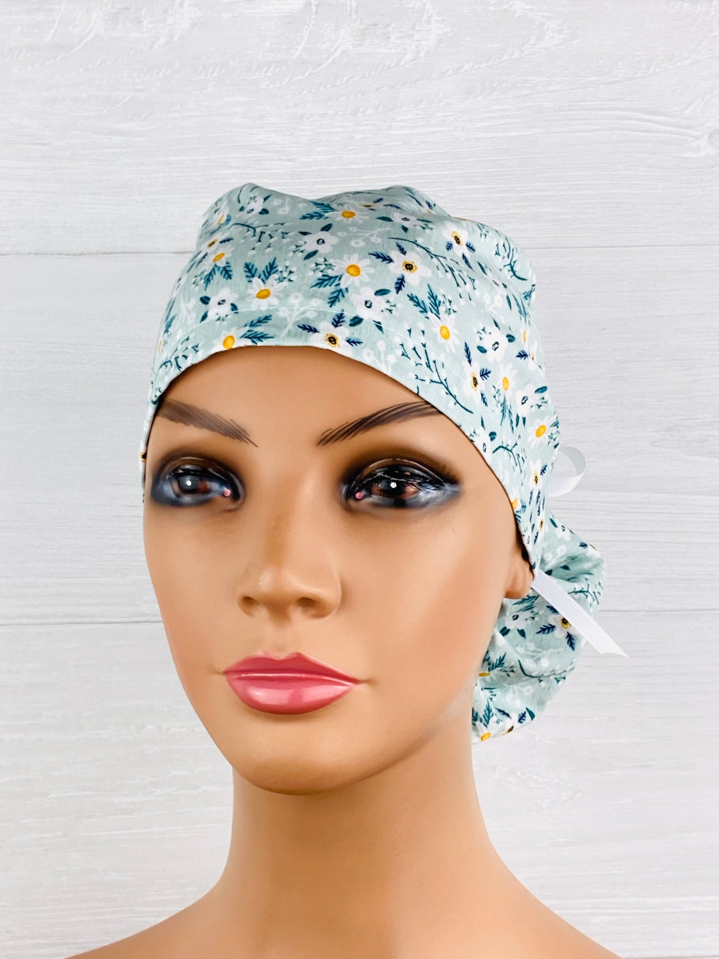 Mint Daisy Floral Ponytail Hat