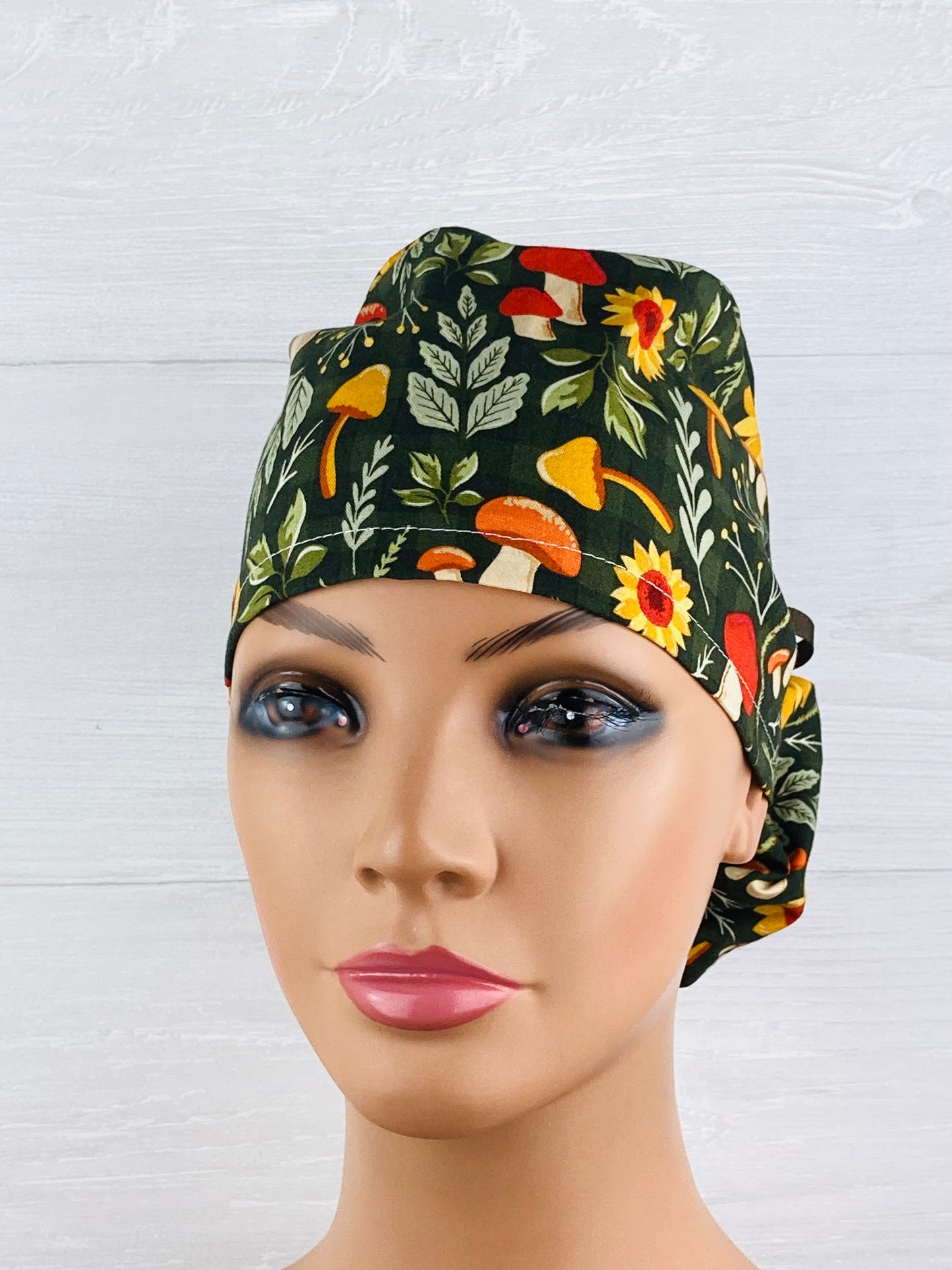 Mushrooms and Sunflowers Ponytail Scrub Hat