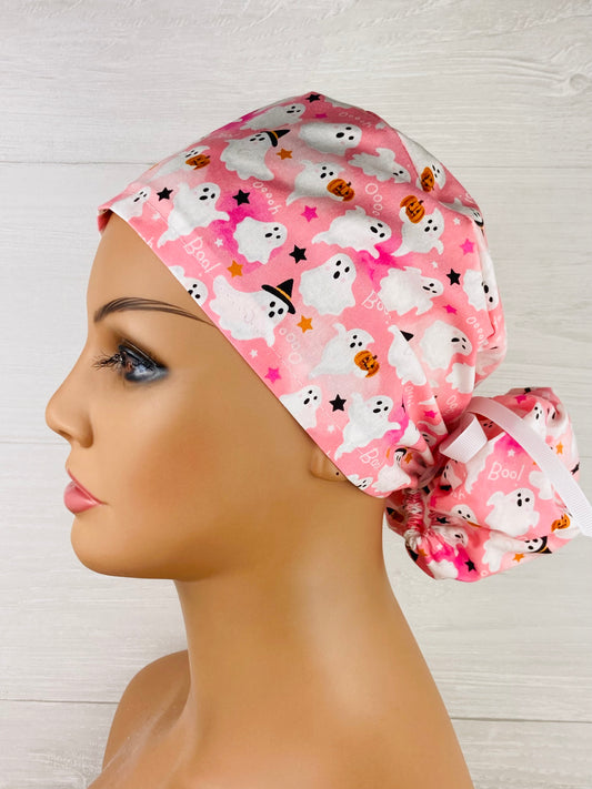 Halloween Ghosts and Stars in Pink Ponytail Scrub Hat - Chic2Surgery