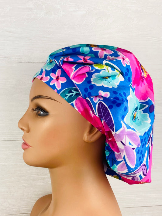 Pink and Blue Floral Bouffant Scrub Cap handmade cotton surgical scrub cap