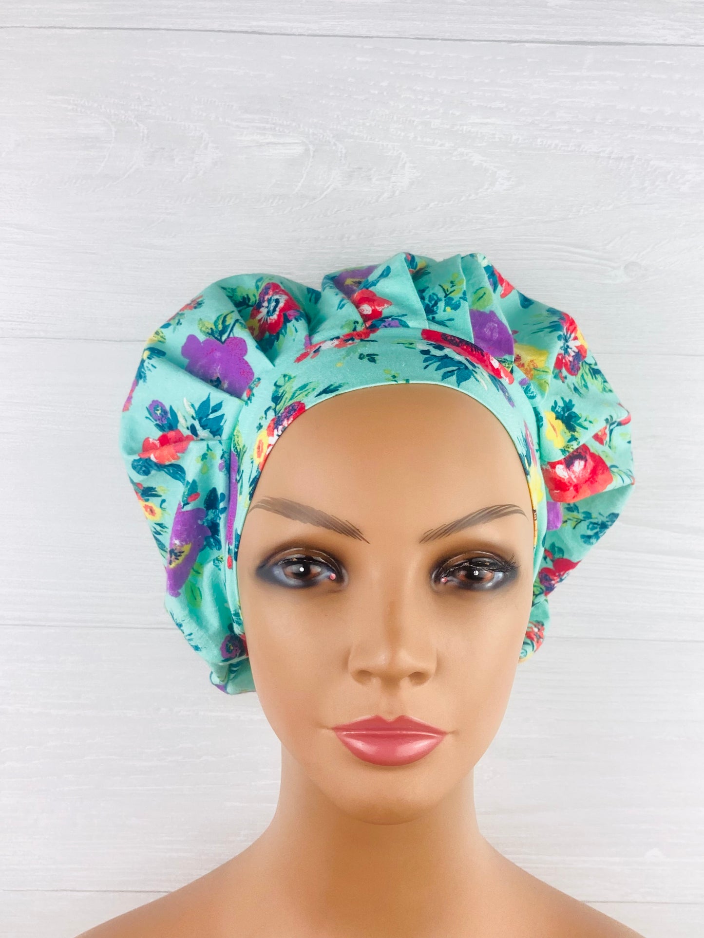 Aqua Floral Bouffant Scrub Cap