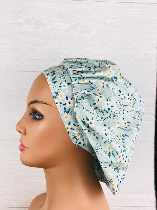 Mint Daisy Floral Bouffant Scrub Cap
