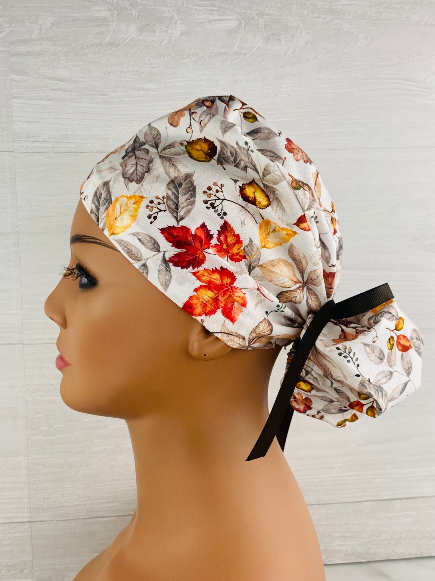 Autumn Leaves and Acorns Ponytail Scrub Hat