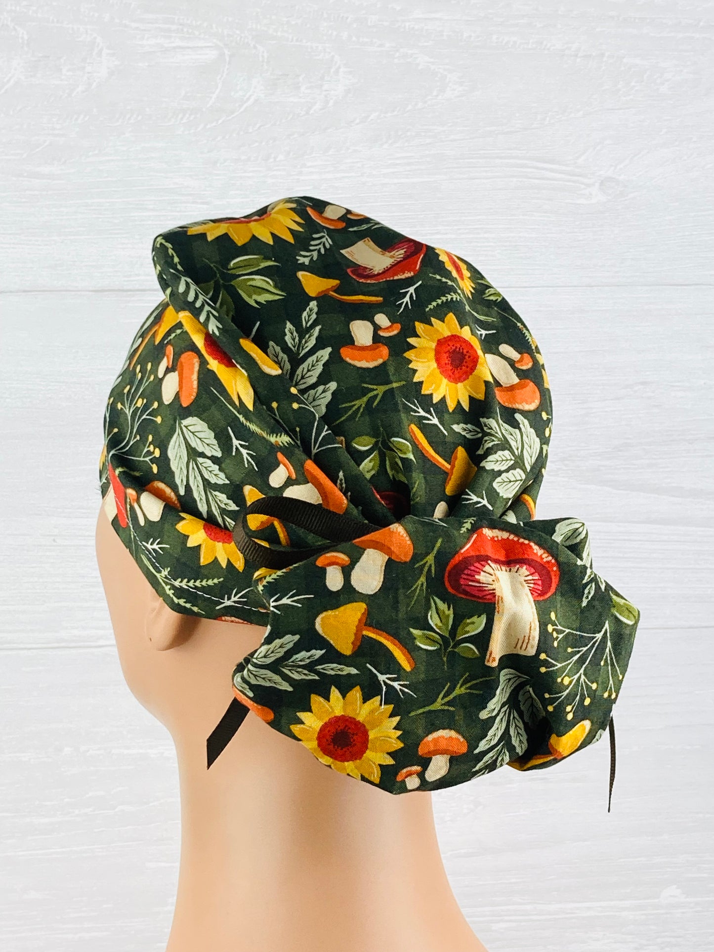 Mushrooms and Sunflowers Ponytail Scrub Hat