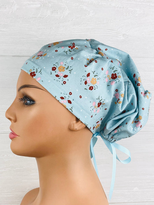 Dust Blue Floral Women's Tieback Hat handmade cotton scrub cap