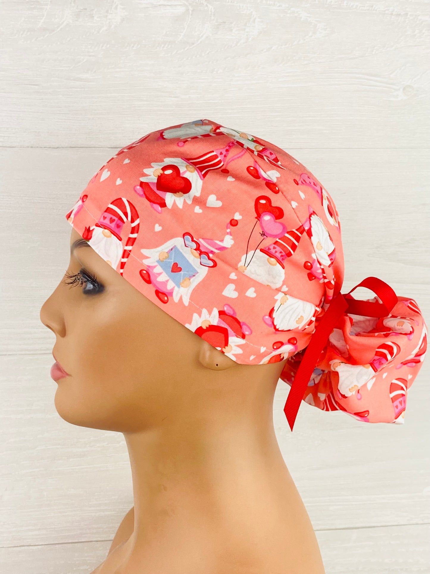 Vanentines Gnomes on Coral Ponytail Hat