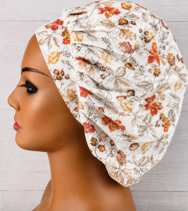 Fall Leaves on White Bouffant Scrub Cap | Handmade Surgical Hat for Nurses