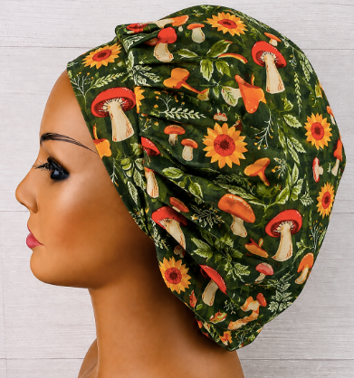 Sunflowers and Mushrooms Fall Bouffant Scrub Cap | Handmade Surgical Hat for Nurses