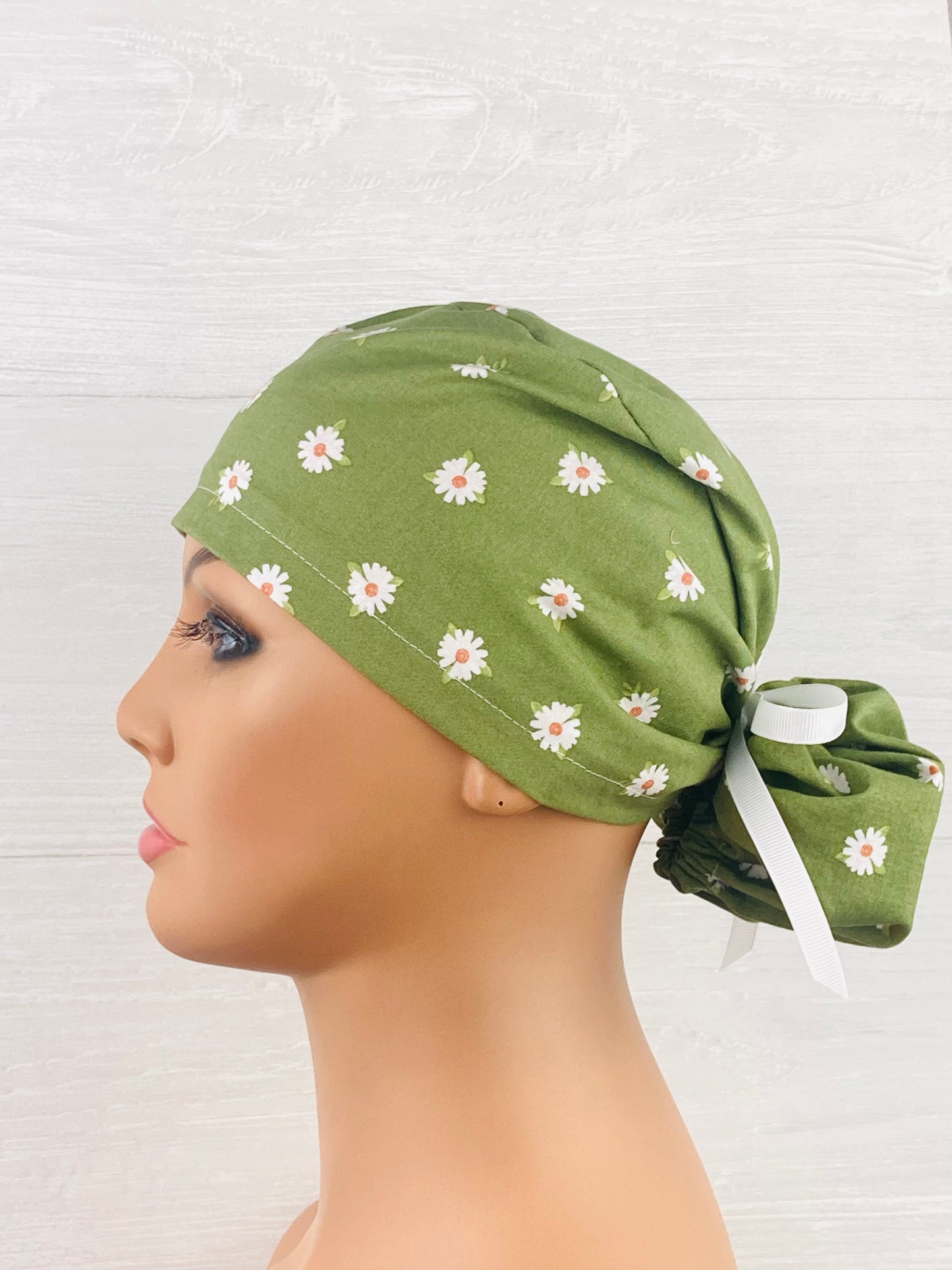Daisies on Olive Ponytail Hat