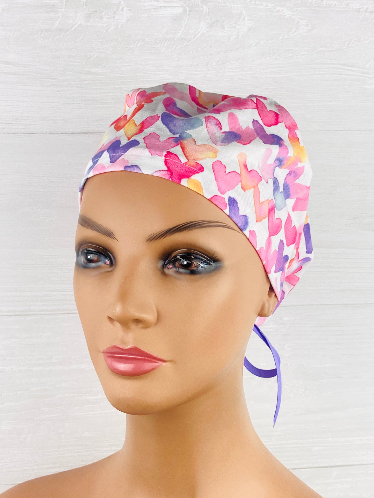 Valentines Watercolor Hearts Womens Tieback Hat