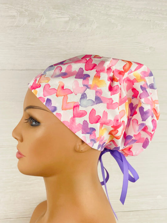Valentines Watercolor Hearts Womens Tieback Hat