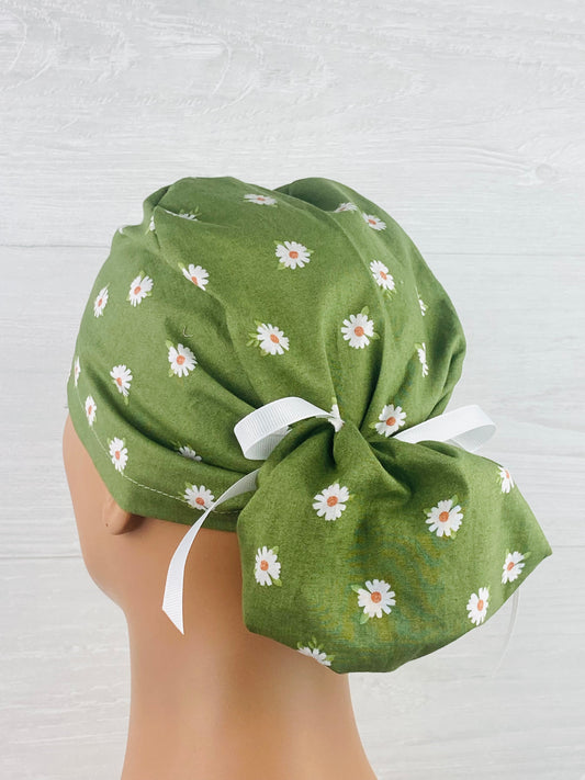 Daisies on Olive Ponytail Hat handmade cotton scrub cap