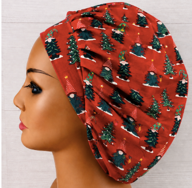 Christmas Gnomes and Trees Bouffant Scrub Cap | Handmade Surgical Hat for Nurses