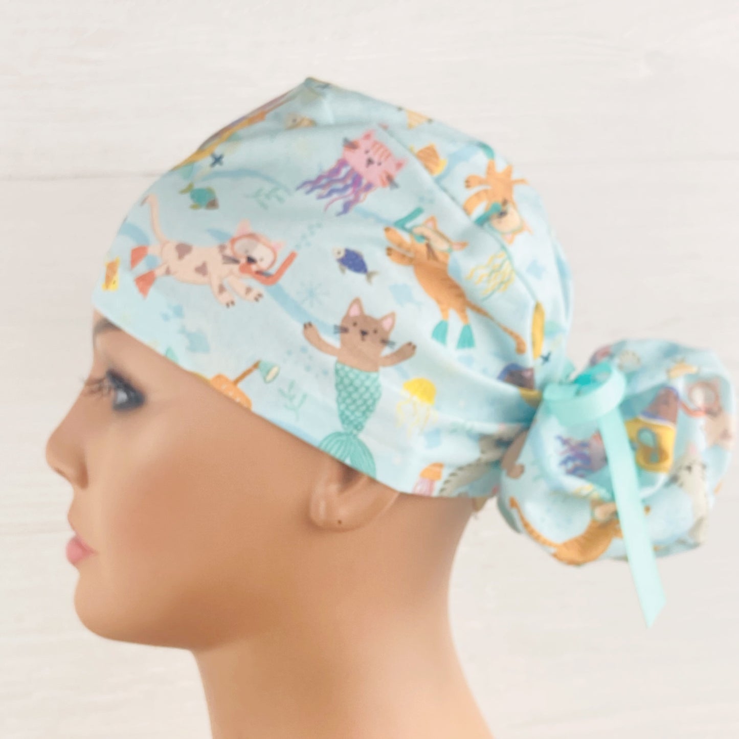 Aqua Kitties Ponytail Hat