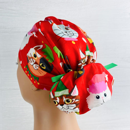 Christmas Cat Faces on Red Ponytail Hat