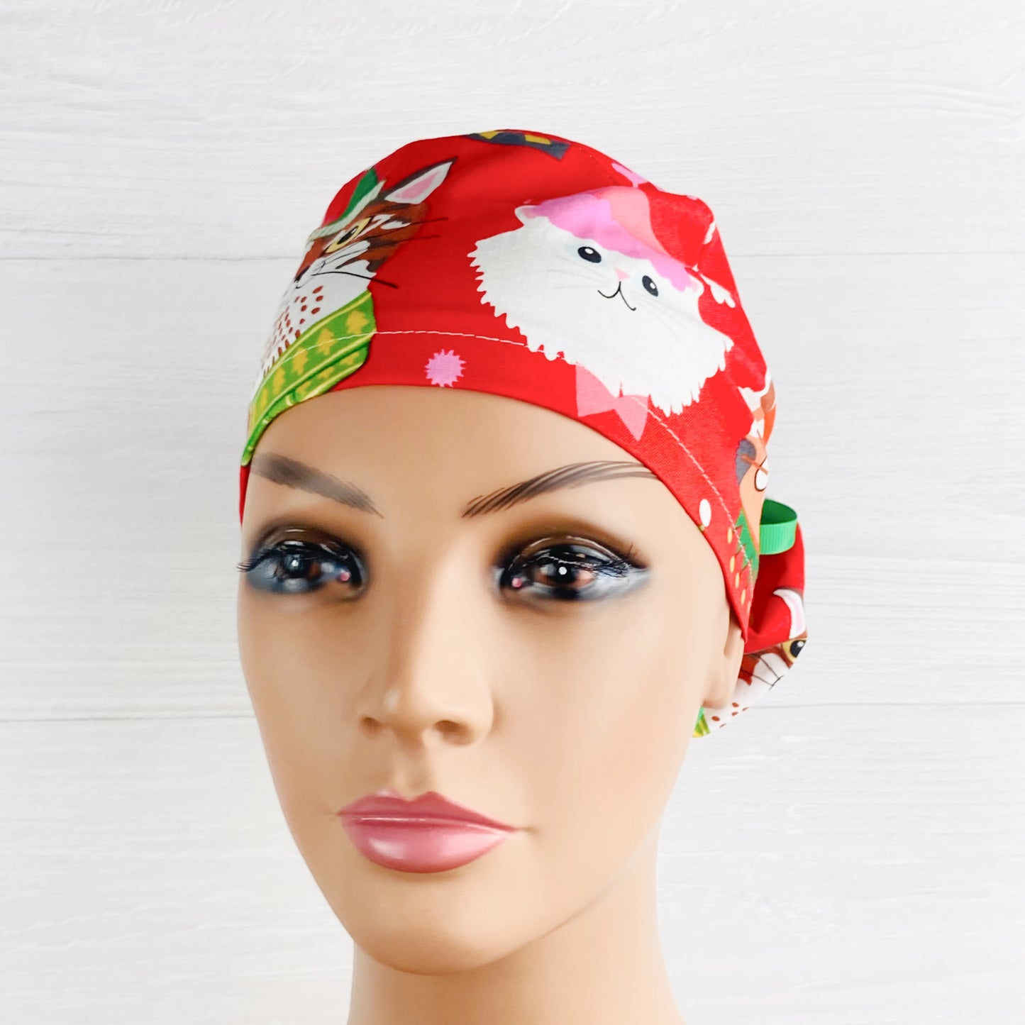 Christmas Cat Faces on Red Ponytail Hat