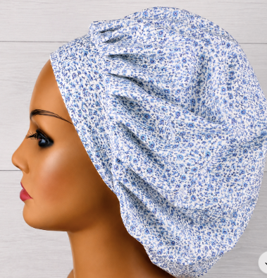 Cottage Floral Blue Bouffant Scrub Cap | Handmade Surgical Hat for Nurses