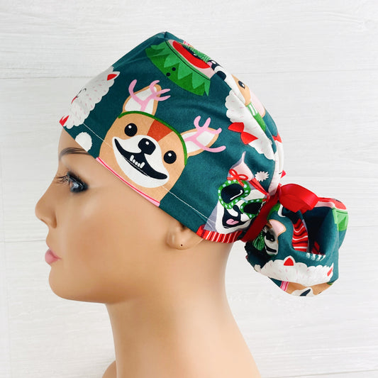 Christmas Dog Faces on Green Ponytail Hat