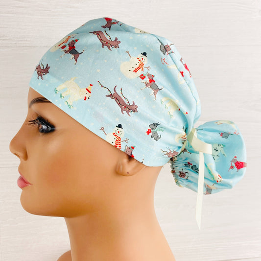 Christmas Dogs and Snowmen Ponytail Hat